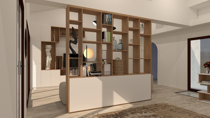 Une bibliothèque intégrée pour structurer l’espace du salon avec élégance