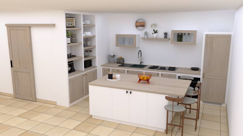 Cuisine campagne chic en chêne blanchi pour un projet de menuiserie de luxe à Lausanne